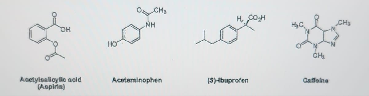 OH
o
Acetylsalicylic acid
(Aspirin)
HO
CH3
NH
Acetaminophen
H, COH
(S)-Ibuprofen
Caffeine
CHS