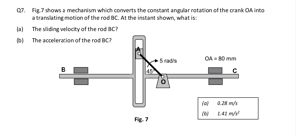 Q7. Fig.7 shows a mechanism which converts the constant angular rotation of the crank OA into
a translating motion of the rod BC. At the instant shown, what is:
The sliding velocity of the rod BC?
The acceleration of the rod BC?
(a)
(b)
B
45
Fig. 7
5 rad/s
OA = 80 mm
C
(a)
(b)
0.28 m/s
1.41 m/s²