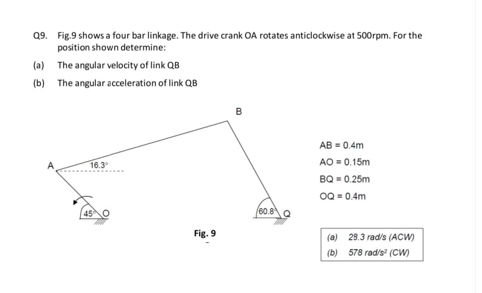 Q9. Fig.9 shows a four bar linkage. The drive crank OA rotates anticlockwise at 500rpm. For the
position shown determine:
(a) The angular velocity of link QB
(b)
A
The angular acceleration of link QB
16.3°
45 O
Fig. 9
B
60.8 Q
AB = 0.4m
AO = 0.15m
BQ = 0.25m
OQ = 0.4m
(a)
(b)
28.3 rad/s (ACW)
578 rad/s² (CW)