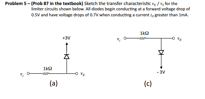 Problem 5 - (Prob 87 in the textbook) Sketch the transfer characteristic vo / vs for the
limiter circuits shown below. All diodes begin conducting at a forward voltage drop of
0.5V and have voltage drops of 0.7V when conducting a current in greater than 1mA.
1k92
ww
(a)
+3V
1k92
mw
(c)
▷
- 3V