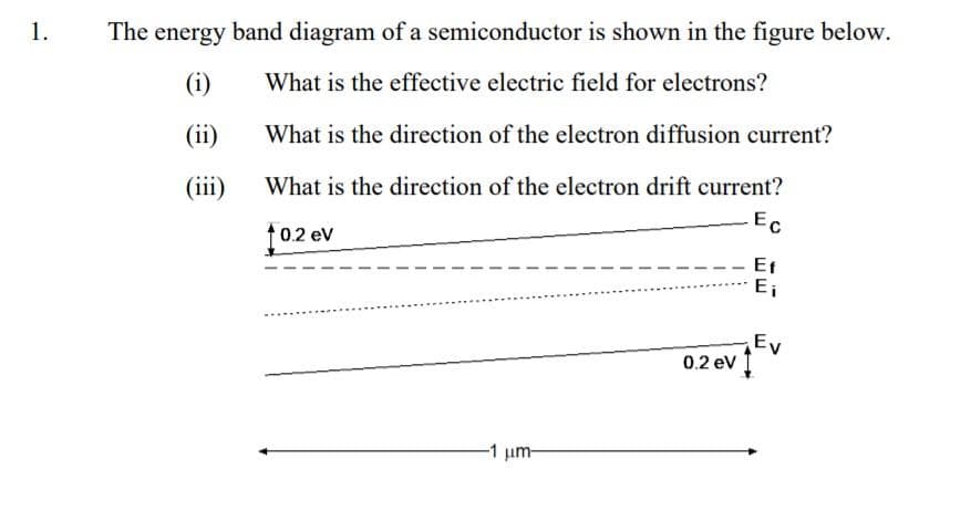 1.
The energy band diagram of a semiconductor is shown in the figure below.
(i)
What is the effective electric field for electrons?
(ii)
What is the direction of the electron diffusion current?
(iii)
What is the direction of the electron drift current?
. Ес
10.2 ev
-1 μm-
0.2 eV
Ef
Ei
Ev