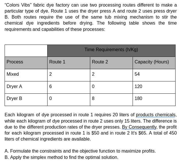 "Colors Vibs" fabric dye factory can use two processing routes different to make a
particular type of dye. Route 1 uses the dryer press A and route 2 uses press dryer
B. Both routes require the use of the same tub mixing mechanism to stir the
chemical dye ingredients before drying. The following table shows the time
requirements and capabilities of these processes:
Process
Mixed
Dryer A
Dryer B
Route 1
2
6
0
Time Requirements (h/Kg)
Route 2
2
0
8
Capacity (Hours)
54
120
180
Each kilogram of dye processed in route 1 requires 20 liters of products chemicals,
while each kilogram of dye processed in route 2 uses only 15 liters. The difference is
due to the different production rates of the dryer presses. By Consequently, the profit
for each kilogram processed in route 1 is $50 and in route 2 It's $65. A total of 450
liters of chemical ingredients are available.
A. Formulate the constraints and the objective function to maximize profits.
B. Apply the simplex method to find the optimal solution.
