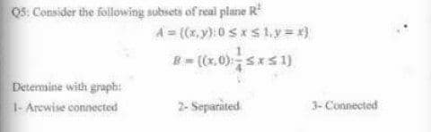 Q5: Consider the following subsets of real plane R
Determine with graph:
1-Arewise connected
4= ((x,y): 0≤x≤ 1₁ y=x}
B=((x,0): ≤x≤1)
2- Separated
3- Connected
