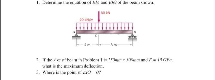 1. Determine the equation of ElA and ElO of the beam shown.
30 kN
20 kN/m
3 m-
2 m
2. If the size of beam in Problem I is 150mm x 300mm and E = 15 GPa,
what is the maximum deflection,
3. Where is the point of EIO = 0?
