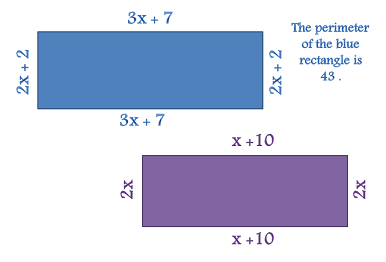 2x + 2
3x + 7
3x + 7
2x
2x + 2
x +10
x + 10
The perimeter
of the blue
rectangle is
43.
2x