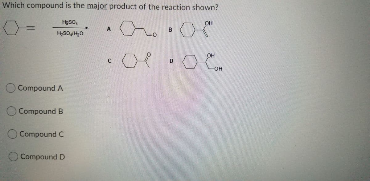 Which compound is the major product of the reaction shown?
H9SO,
OH
C.
D.
Compound A
O Compound B
Compound C
Compound D
