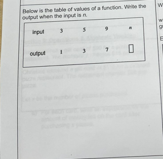 Below is the table of values of a function. Write the
output when the input is n.
input
3
5
9
E
output
3
7
