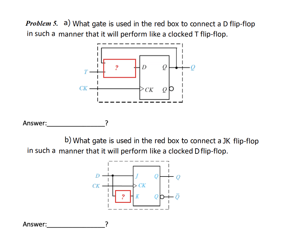 Problem 5. a) What gate is used in the red box to connect a D flip-flop
in such a manner that it will perform like a clocked T flip-flop.
D
CK
>CK
Answer:
b) What gate is used in the red box to connect a JK flip-flop
in such a manner that it will perform like a clocked D flip-flop.
CK
CK
?
K
Answer:

