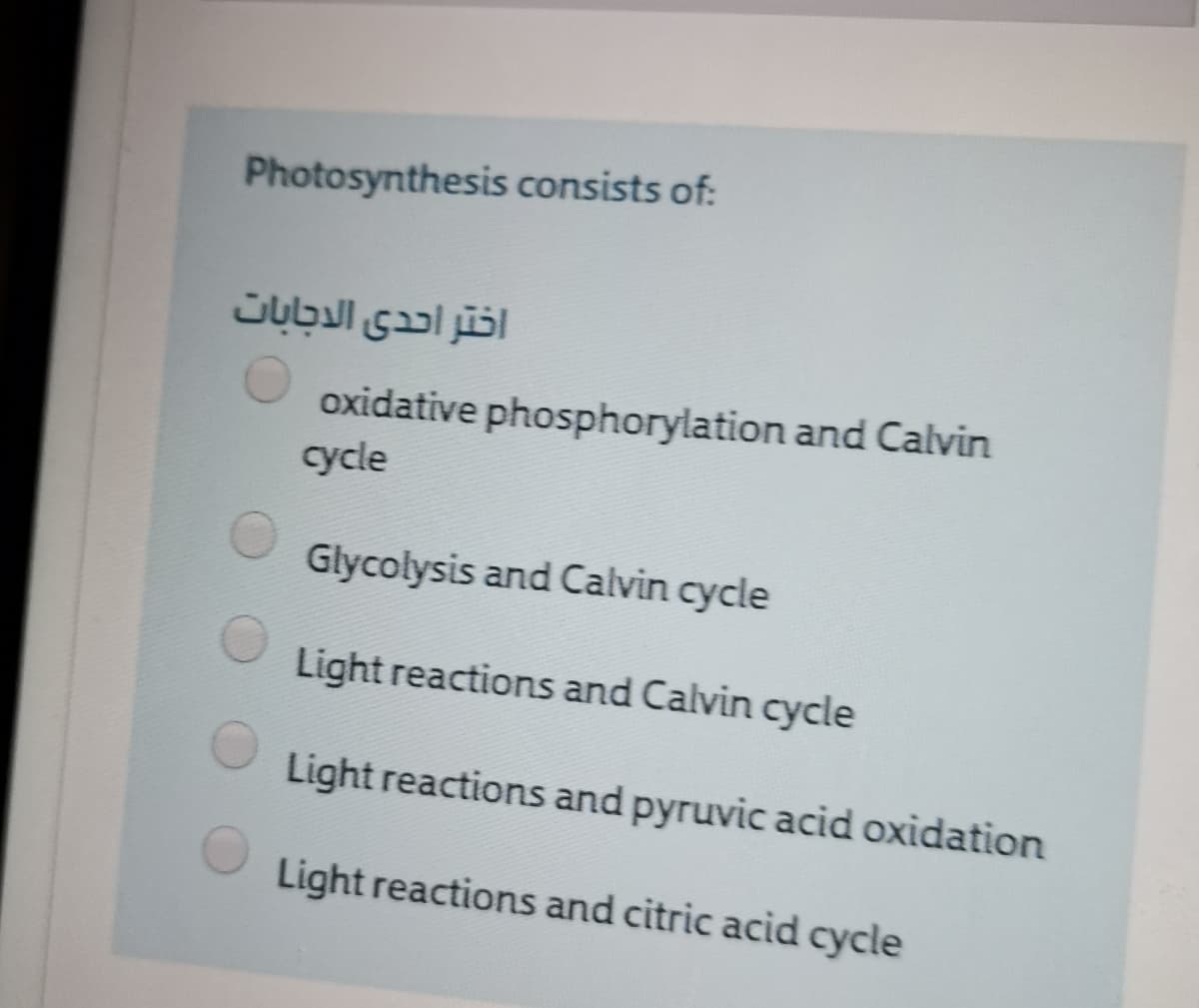 Photosynthesis consists of:
O oxidative phosphorylation and Calvin
cycle
Glycolysis and Calvin cycle
Light reactions and Calvin cycle
Light reactions and pyruvic acid oxidation
Light reactions and citric acid cycle
