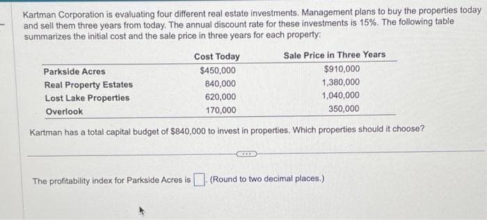 Kartman Corporation is evaluating four different real estate investments. Management plans to buy the properties today
and sell them three years from today. The annual discount rate for these investments is 15%. The following table
summarizes the initial cost and the sale price in three years for each property:
Cost Today
Sale Price in Three Years
Parkside Acres
$450,000
$910,000
Real Property Estates
840,000
1,380,000
Lost Lake Properties
620,000
1,040,000
Overlook
170,000
350,000
Kartman has a total capital budget of $840,000 to invest in properties. Which properties should it choose?
The profitability index for Parkside Acres is (Round to two decimal places.)