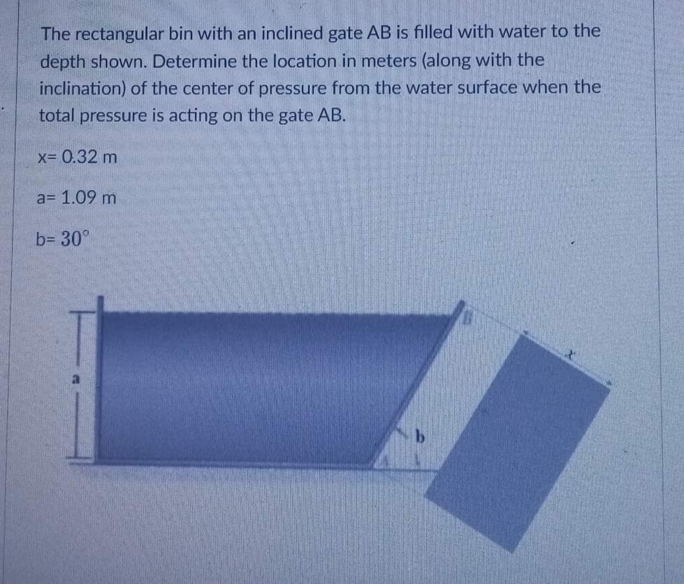 The rectangular bin with an inclined gate AB is filled with water to the
depth shown. Determine the location in meters (along with the
inclination) of the center of pressure from the water surface when the
total pressure is acting on the gate AB.
x= 0.32 m
a= 1.09 m
b= 30°
