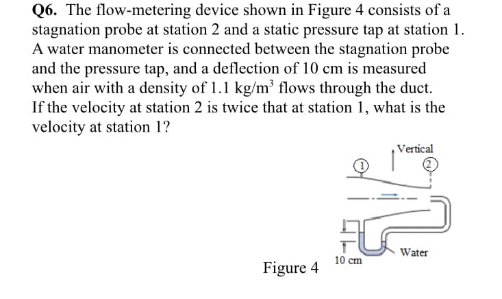 Q6. The flow-metering device shown in Figure 4 consists of a
stagnation probe at station 2 and a static pressure tap at station 1.
A water manometer is connected between the stagnation probe
and the pressure tap, and a deflection of 10 cm is measured
when air with a density of 1.1 kg/m³ flows through the duct.
If the velocity at station 2 is twice that at station 1, what is the
velocity at station 1?
Vertical
Water
10 cm
Figure 4
