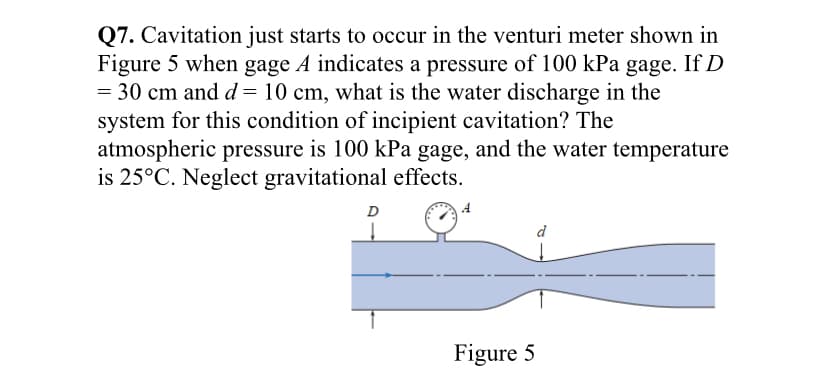 Q7. Cavitation just starts to occur in the venturi meter shown in
Figure 5 when gage A indicates a pressure of 100 kPa gage. If D
= 30 cm and d= 10 cm, what is the water discharge in the
system for this condition of incipient cavitation? The
atmospheric pressure is 100 kPa gage, and the water temperature
is 25°C. Neglect gravitational effects.
D
A
d
Figure 5
