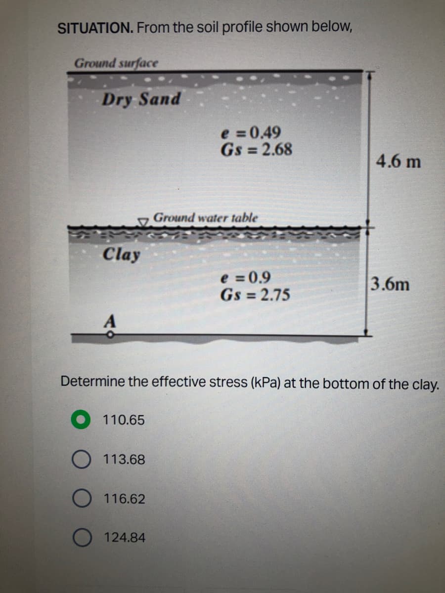 SITUATION. From the soil profile shown below,
Ground surface
Dry Sand
Clay
e = 0.49
Gs=2.68
Ground water table
e = 0.9
Gs = 2.75
4.6 m
3.6m
Determine the effective stress (kPa) at the bottom of the clay.
O 110.65
O 113.68
O 116.62
O 124.84