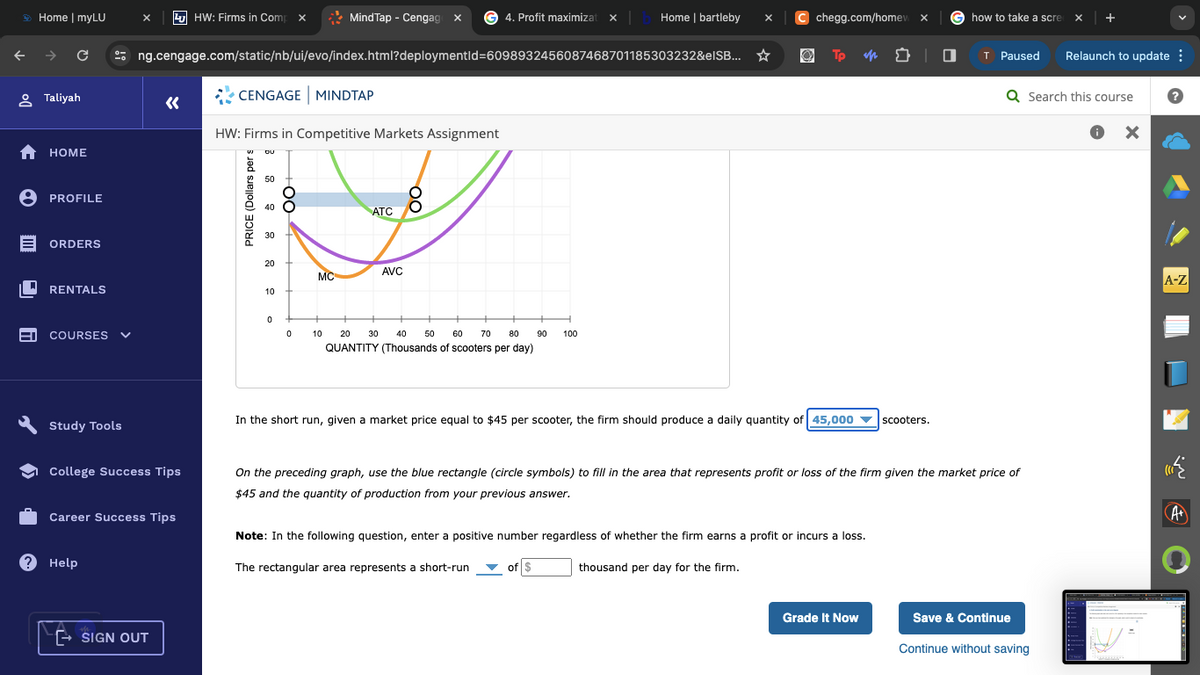 Home | myLU
HW: Firms in Comp x
Mind Tap - Cengage ×
4. Profit maximizat x
Home | bartleby
• Taliyah
C
ng.cengage.com/static/nb/ui/evo/index.html?deploymentid=6098932456087468701185303232&elSB... ☆
«
CENGAGE | MINDTAP
HW: Firms in Competitive Markets Assignment
chegg.com/homew x
how to take a scre X +
T Paused
Relaunch to update ⠀
Q Search this course
E>
☑
A
ށ
5
→
HOME
PROFILE
ORDERS
PRICE (Dollars per s
30
ATC
20
MC
AVC
RENTALS
10
0
COURSES
0
10
20
30
40
50
60
70
80
90 100
QUANTITY (Thousands of scooters per day)
Study Tools
College Success Tips
Career Success Tips
Help
In the short run, given a market price equal to $45 per scooter, the firm should produce a daily quantity of 45,000
scooters.
On the preceding graph, use the blue rectangle (circle symbols) to fill in the area that represents profit or loss of the firm given the market price of
$45 and the quantity of production from your previous answer.
Note: In the following question, enter a positive number regardless of whether the firm earns a profit or incurs a loss.
The rectangular area represents a short-run
of $
thousand per day for the firm.
→SIGN OUT
Grade It Now
Save & Continue
Continue without saving
A
A-Z