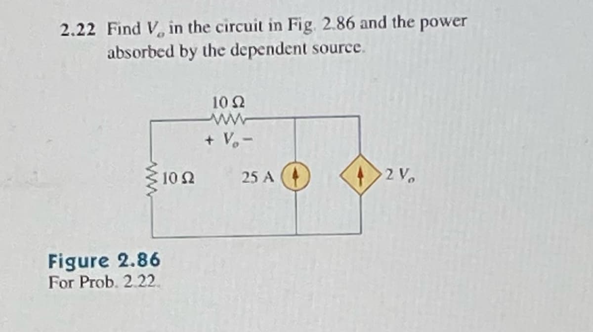 2.22 Find V., in the circuit in Fig. 2.86 and the power
absorbed by the dependent source.
www
Figure 2.86
For Prob. 2.22.
10 92
10 92
+ V₂-
25 A
42 V