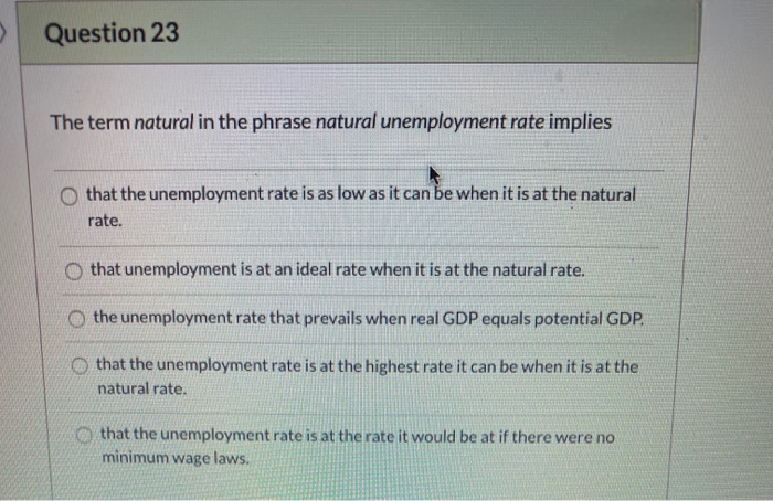Question 23
The term natural in the phrase natural unemployment rate implies
that the unemployment rate is as low as it can be when it is at the natural
rate.
that unemployment is at an ideal rate when it is at the natural rate.
the unemployment rate that prevails when real GDP equals potential GDP.
that the unemployment rate is at the highest rate it can be when it is at the
natural rate.
that the unemployment rate is at the rate it would be at if there were no
minimum wage laws.