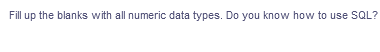 Fill up the blanks with all numeric data types. Do you know how to use SQL?
