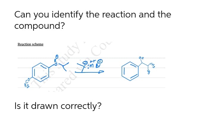 Can you identify the reaction and the
compound?
Reaction scheme
ared e. Co
Is it drawn correctly?
OH
M Br
ndy
