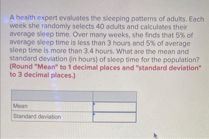 A health expert evaluates the sleeping patterns of adults. Each
week she randomly selects 40 adults and calculates their
average sleep time. Over many weeks, she finds that 5% of
average sleep time is less than 3 hours and 5% of average
sleep time is more than 3.4 hours. What are the mean and
standard deviation (in hours) of sleep time for the population?
(Round "Mean" to 1 decimal places and "standard deviation"
to 3 decimal places.)
Mean
Standard deviation
