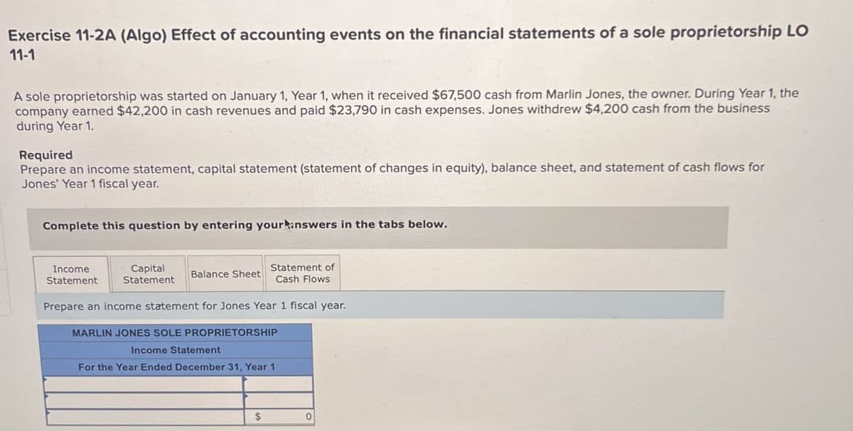 Exercise 11-2A (Algo) Effect of accounting events on the financial statements of a sole proprietorship LO
11-1
A sole proprietorship was started on January 1, Year 1, when it received $67,500 cash from Marlin Jones, the owner. During Year 1, the
company earned $42,200 in cash revenues and paid $23,790 in cash expenses. Jones withdrew $4,200 cash from the business
during Year 1.
Required
Prepare an income statement, capital statement (statement of changes in equity), balance sheet, and statement of cash flows for
Jones' Year 1 fiscal year.
Complete this question by entering your answers in the tabs below.
Income
Statement
Capital
Statement
Balance Sheet
Statement of
Cash Flows
Prepare an income statement for Jones Year 1 fiscal year.
MARLIN JONES SOLE PROPRIETORSHIP
Income Statement
For the Year Ended December 31, Year 1
$