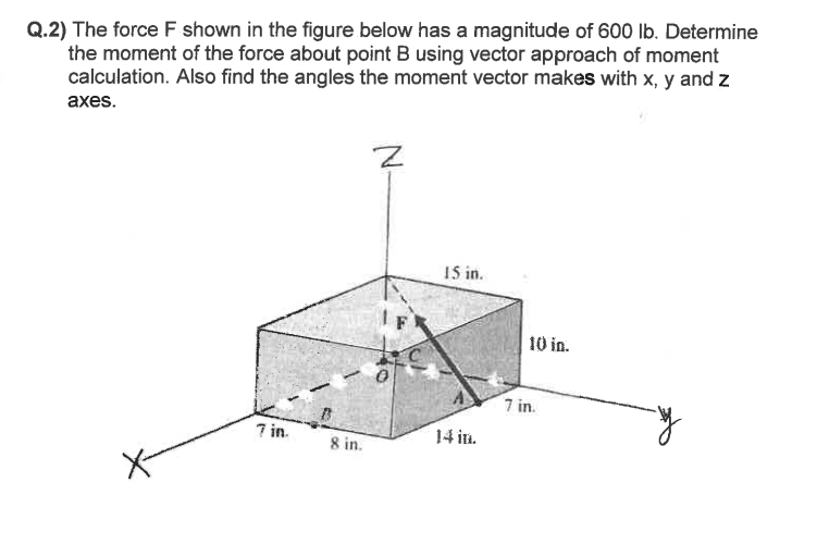 Q.2) The force F shown in the figure below has a magnitude of 600 lb. Determine
the moment of the force about point B using vector approach of moment
calculation. Also find the angles the moment vector makes with x, y and z
axes.
7 in.
8 in.
15 in.
14 in.
10 in.
7 in.
y