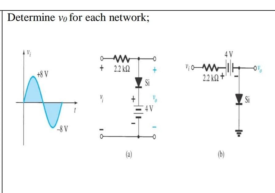 Determine vo for each network;
V₁
+8 V
-8 V
+
www
2.2 ΚΩ
(a)
Si
4V
-0
Viow
4V
2.2kQ+
(b)
H₁
Si
-0%