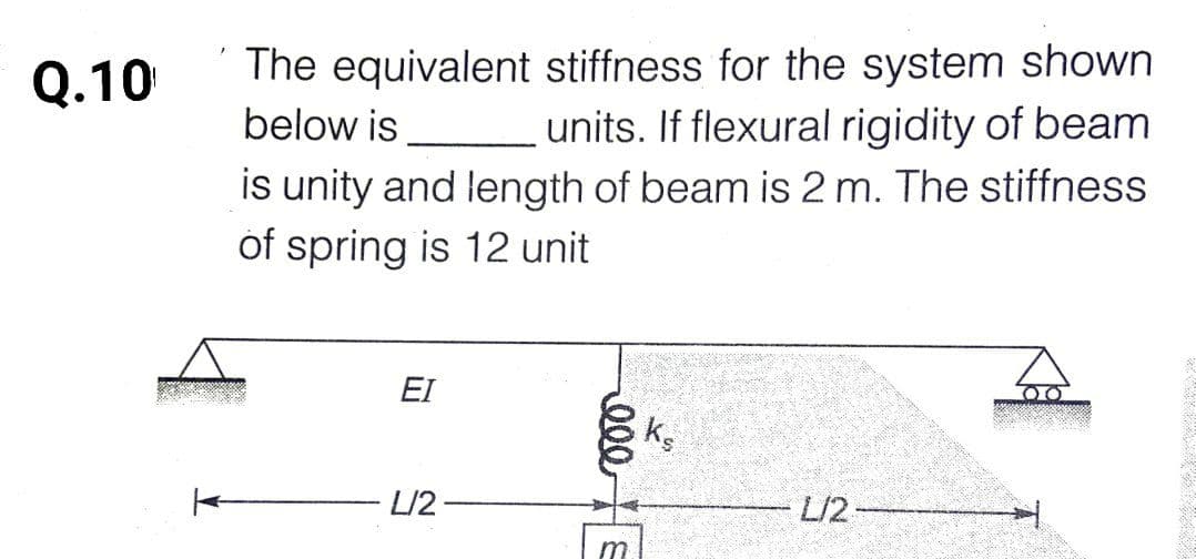 Q.10
The equivalent stiffness for the system shown
below is
units. If flexural rigidity of beam
is unity and length of beam is 2 m. The stiffness
of spring is 12 unit
EI
L/2 -
L/2 -
