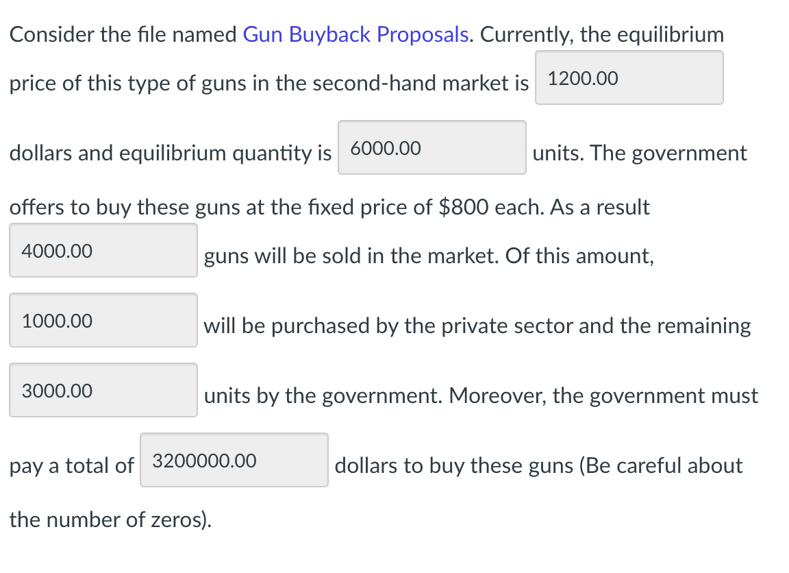 Consider the file named Gun Buyback Proposals. Currently, the equilibrium
price of this type of guns in the second-hand market is 1200.00
dollars and equilibrium quantity is 6000.00
units. The government
offers to buy these guns at the fixed price of $800 each. As a result
4000.00
guns will be sold in the market. Of this amount,
1000.00
will be purchased by the private sector and the remaining
3000.00
units by the government. Moreover, the government must
pay a total of 3200000.00
the number of zeros).
dollars to buy these guns (Be careful about