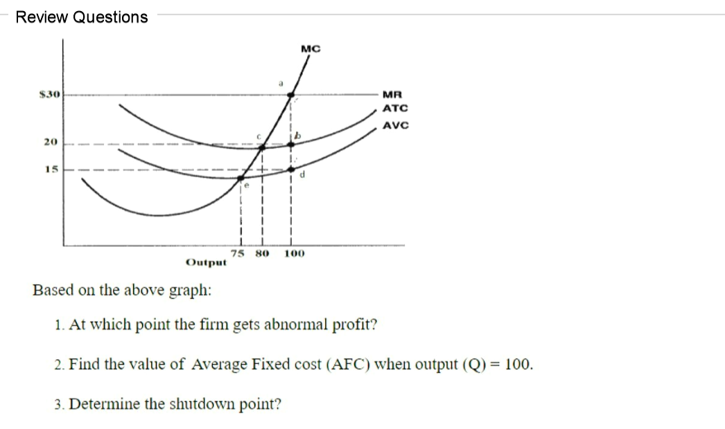 Review Questions
MC
$30
MR
ATC
AVC
20
15
d
75 80
100
Output
Based on the above graph:
1. At which point the firm gets abnormal profit?
2. Find the value of Average Fixed cost (AFC) when output (Q) = 100.
3. Determine the shutdown point?
