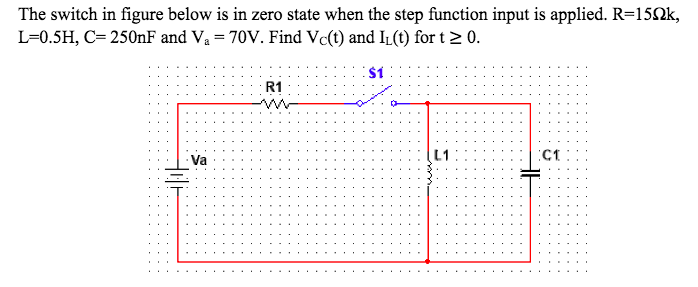 The switch in figure below is in zero state when the step function input is applied. R=15OK,
L=0.5H, C= 250nF and Va = 70V. Find Vc(t) and IL(t) for t 2 0.
R1
Va
L1
