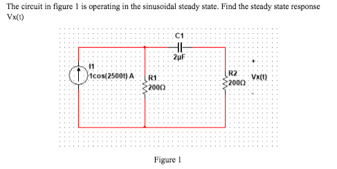 The circuit in figure 1 is operating in the sinusoidal steady state. Find the steady state response
Vx(1)
C1
HH
2uF
Icos(25001) A
R2
2000
R1:
2000
Figure 1
