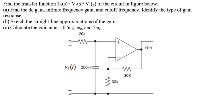Find the transfer function T,(s)= V2(s)/ V:(s) of the circuit in figure below.
(a) Find the de gain, infinite frequency gain, and cutoff frequency. Identify the type of gain
response.
(b) Sketch the straight-line approximations of the gain.
(c) Calculate the gain at o = 0.50, We, and 20..
20k
+
v2(t)
v1(t) 250nF:
зок
зок
