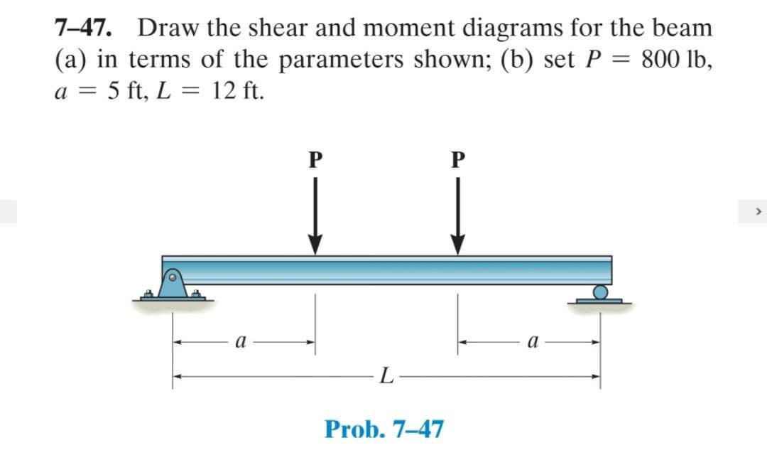 7-47. Draw the shear and moment diagrams for the beam
(a) in terms of the parameters shown; (b) set P
a = 5 ft, L = 12 ft.
=
800 lb,
a
P
L
Prob. 7-47