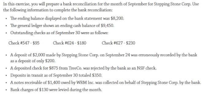 In this exercise, you will prepare a bank reconciliation for the month of September for Stepping Stone Corp. Use
the following information to complete the bank reconciliation:
• The ending balance displayed on the bank statement was $8,200.
• The general ledger shows an ending cash balance of $9,450.
• Outstanding checks as of September 30 were as follows:
Check #547 - $95
Check #624 - $180
Check #627 - $230
· A deposit of $2,000 made by Stepping Stone Corp. on September 24 was erroneously recorded by the bank
as a deposit of only $200.
· A deposited check for $875 from TreeCo. was rejected by the bank as an NSF check.
• Deposits in transit as of September 30 totaled $350.
• A notes receivable of $1,400 owed by WRM Inc. was collected on behalf of Stepping Stone Corp. by the bank.
Bank charges of $130 were levied during the month.
