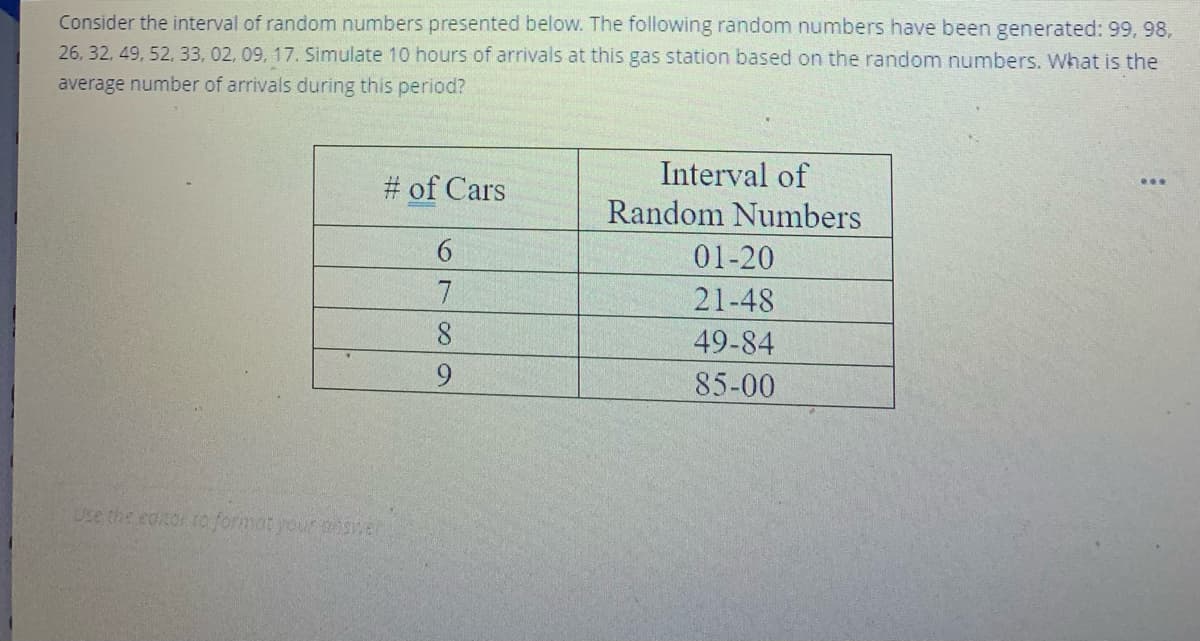 Consider the interval of random numbers presented below. The following random numbers have been generated: 99, 98,
26, 32, 49, 52, 33, 02, 09, 17. Simulate 10 hours of arrivals at this gas station based on the random numbers. What is the
average number of arrivals during this period?
# of Cars
Use the editor to format your answer
6
7
8
9
Interval of
Random Numbers
01-20
21-48
49-84
85-00
***