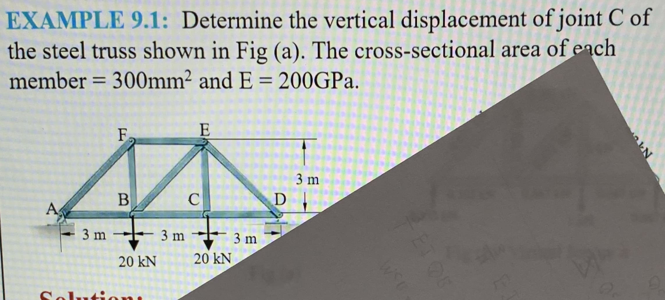 EXAMPLE 9.1: Determine the vertical displacement of joint C of
the steel truss shown in Fig (a). The cross-sectional area of each
member = 300mm² and E = 200GPA.
F.
E
3 m
B
D
A
3 m
3 m
3 m
20 kN
20 kN
ET
