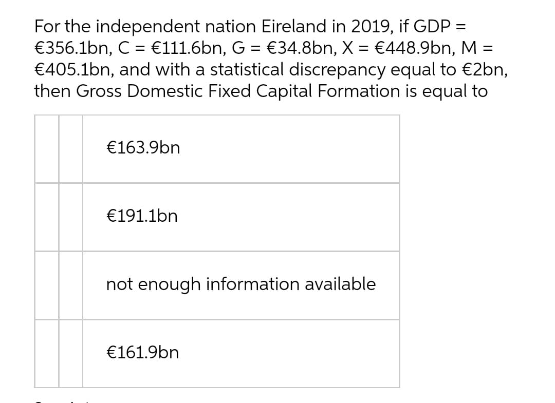 For the independent nation Eireland in 2019, if GDP =
€356.1bn, C = €111.6bn, G = €34.8bn, X = €448.9bn, M =
€405.1bn, and with a statistical discrepancy equal to €2bn,
then Gross Domestic Fixed Capital Formation is equal to
%3D
%3D
€163.9bn
€191.1bn
not enough information available
€161.9bn
