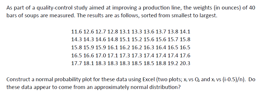 As part of a quality-control study aimed at improving a production line, the weights (in ounces) of 40
bars of soups are measured. The results are as follows, sorted from smallest to largest.
11.6 12.6 12.7 12.8 13.1 13.3 13.6 13.7 13.8 14.1
14.3 14.3 14.6 14.8 15.1 15.2 15.6 15.6 15.7 15.8
15.8 15.9 15.9 16.1 16.2 16.2 16.3 16.4 16.5 16.5
16.5 16.6 17.0 17.1 17.3 17.3 17.4 17.4 17.4 17.6
17.7 18.1 18.3 18.3 18.3 18.5 18.5 18.8 19.2 20.3
Construct a normal probability plot for these data using Excel (two plots; x; vs Q₁ and x; vs (i-0.5)/n). Do
these data appear to come from an approximately normal distribution?