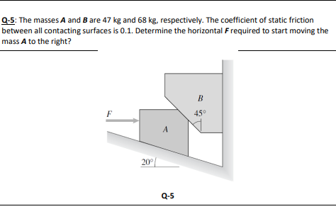 Q-5: The masses A and B are 47 kg and 68 kg, respectively. The coefficient of static friction
between all contacting surfaces is 0.1. Determine the horizontal Frequired to start moving the
mass A to the right?
B
F
45°
20%
A
Q-5