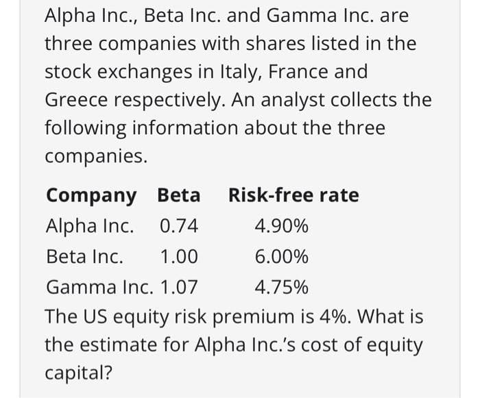 Alpha Inc., Beta Inc. and Gamma Inc. are
three companies with shares listed in the
stock exchanges in Italy, France and
Greece respectively. An analyst collects the
following information about the three
companies.
Company Beta Risk-free rate
Alpha Inc.
0.74
4.90%
Beta Inc. 1.00
6.00%
Gamma Inc. 1.07
4.75%
The US equity risk premium is 4%. What is
the estimate for Alpha Inc.'s cost of equity
capital?