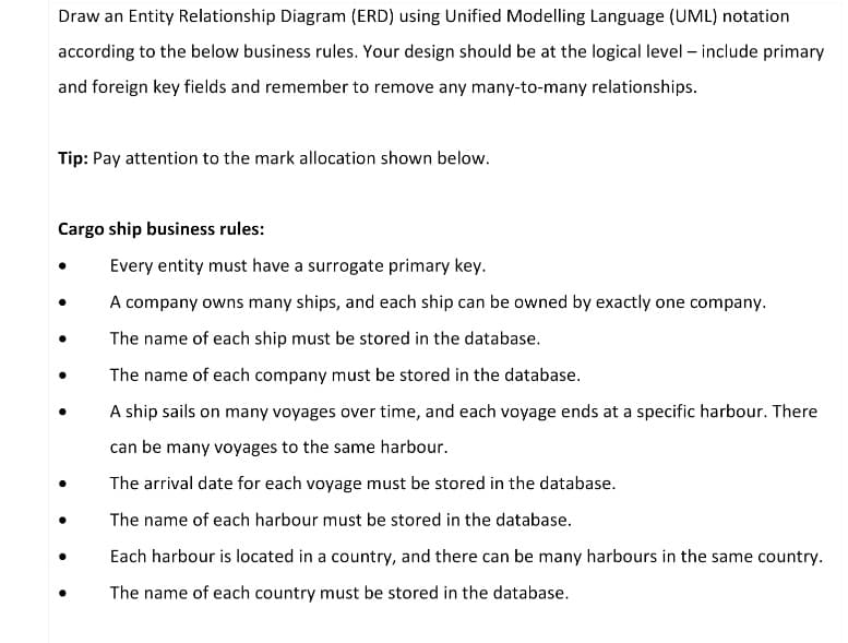 Draw an Entity Relationship Diagram (ERD) using Unified Modelling Language (UML) notation
according to the below business rules. Your design should be at the logical level - include primary
and foreign key fields and remember to remove any many-to-many relationships.
Tip: Pay attention to the mark allocation shown below.
Cargo ship business rules:
●
●
●
Every entity must have a surrogate primary key.
A company owns many ships, and each ship can be owned by exactly one company.
The name of each ship must be stored in the database.
The name of each company must be stored in the database.
A ship sails on many voyages over time, and each voyage ends at a specific harbour. There
can be many voyages to the same harbour.
The arrival date for each voyage must be stored in the database.
The name of each harbour must be stored in the database.
Each harbour is located in a country, and there can be many harbours in the same country.
The name of each country must be stored in the database.