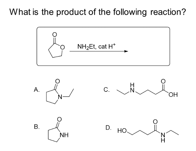 What is the product of the following reaction?
A.
B.
شما
NH
NH2Et, cat H*
C.
ZI
avant
HO.
D.
`N
OH