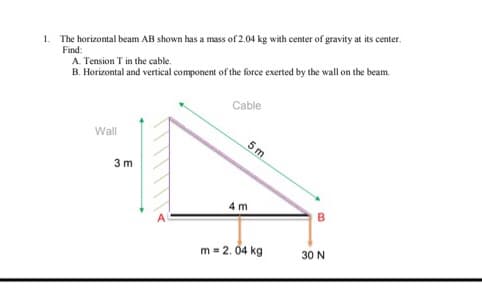 1. The horizontal beam AB shown has a mass of 2.04 kg with center of gravity at its center.
Find:
A. Tension T in the cable.
B. Horizontal and vertical component of the force exerted by the wall on the beam.
Cable
Wall
5 m
3 m
4 m
B.
m = 2. 04 kg
30 N
