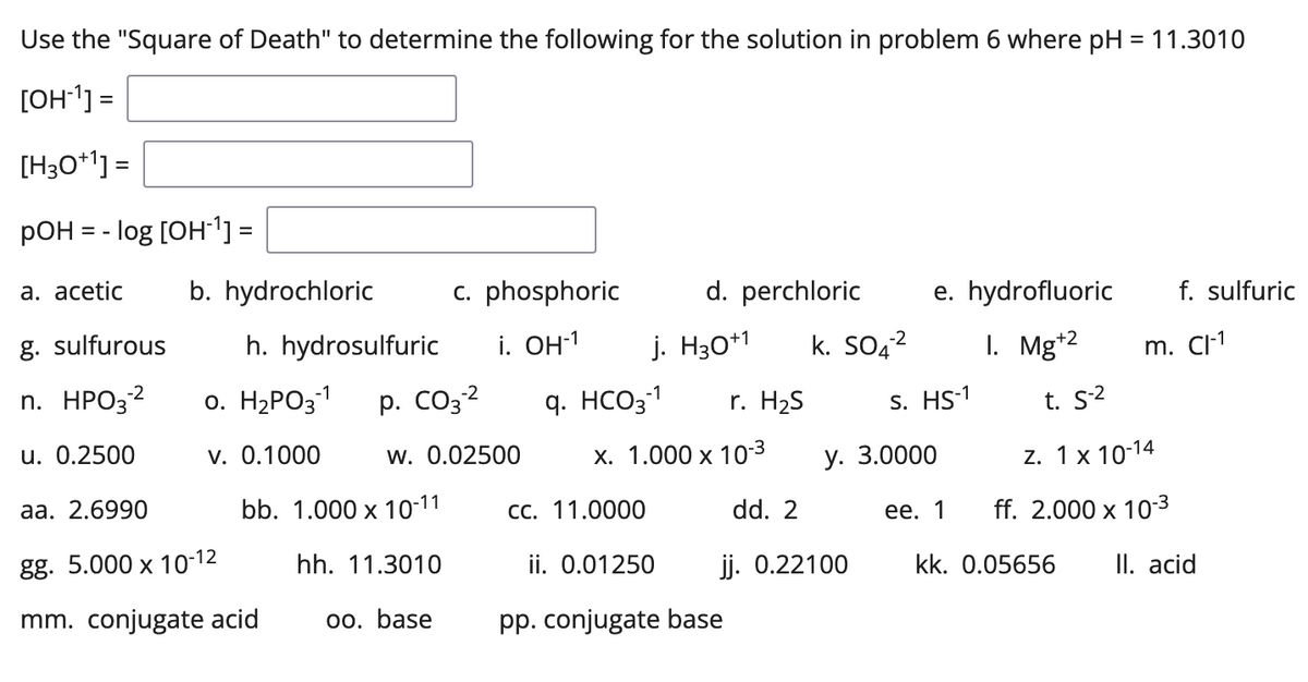 Use the "Square of Death" to determine the following for the solution in problem 6 where pH = 11.3010
[OH-¹] =
[H3O+¹] =
pOH = -log [OH-¹] =
a. acetic b. hydrochloric
g. sulfurous
f. sulfuric
c. phosphoric d. perchloric
h. hydrosulfuric i. OH-1 j. H30+1 k. SO4²
0. H₂PO3-1 p. CO3² q. HCO3-¹
e. hydrofluoric
1. Mg+2
-2
-2
n. HPO3-²
-2
r. H₂S
t. S-²
u. 0.2500
v. 0.1000
S. HS-1
y. 3.0000
w. 0.02500
z. 1x 10-14
x. 1.000 x 10-3
dd. 2
aa. 2.6990
ee. 1
ff. 2.000 x 10-³
gg. 5.000 x 10-12
mm. conjugate acid
bb. 1.000 x 10-11
hh. 11.3010
oo. base
CC. 11.0000
ii. 0.01250
pp. conjugate base
jj. 0.22100
kk. 0.05656
m. Cl-1
II. acid