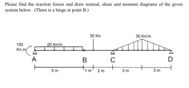 Please find the reaction forces and draw normal, shear and moment diagrams of the given
system below. (There is a hinge at point B.)
30 Kn
30 Kn/m
150
Kn.m
20 Kn/m
B
5m
1 m
2 m
C
D
3 m
3 m
