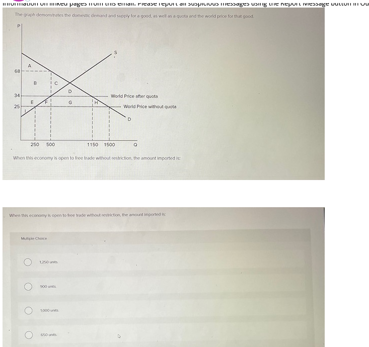 intomation on mike pages mom us email. Please report air suspicious messages using the reportivessage pultom in vu
The graph demonstrates the domestic demand and supply for a good, as well as a quota and the world price for that good.
P
68
34
25
A
B
***
E
1
T
1
250 500
Multiple Choice
1,250 units
900 units
D
1,000 units
G
650 units
H
World Price after quota
When this economy is open to free trade without restriction, the amount imported is:
1150 1500
When this economy is open to free trade without restriction, the amount imported is:
World Price without quota
D
Q