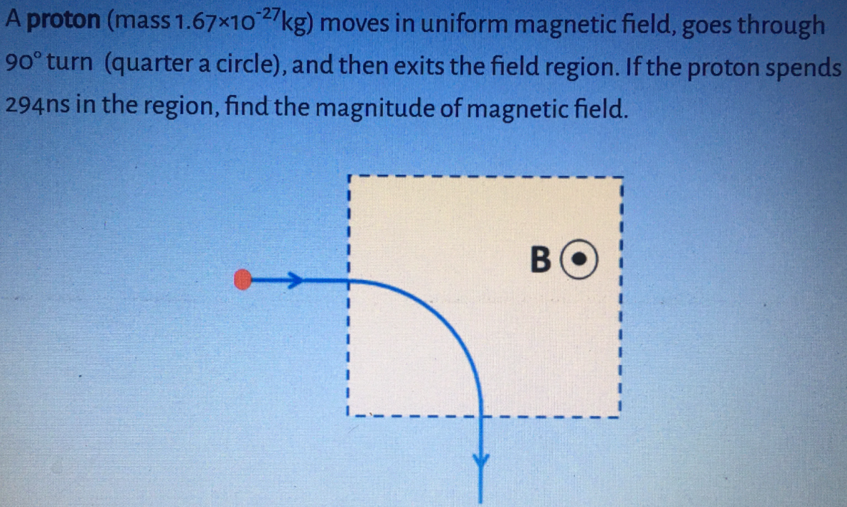 A proton (mass 1.67x102/kg) moves in uniform magnetic field, goes through
90° turn (quarter a circle), and then exits the field region. If the proton spends
294ns in the region, find the magnitude of magnetic field.
BO
