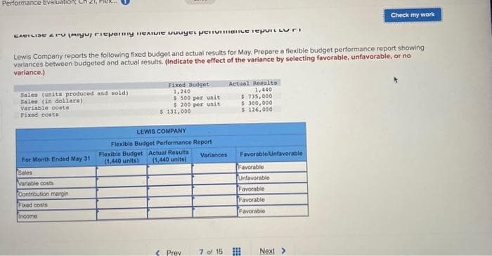 Performance Evaluation; Ch
CABILIDE 1o (Migu, riepanny envie vuugel pervane repicuri
Lewis Company reports the following fixed budget and actual results for May. Prepare a flexible budget performance report showing
variances between budgeted and actual results. (Indicate the effect of the variance by selecting favorable, unfavorable, or no
variance.)
Sales (units produced and sold)
Sales (in dollars)
Variable costs
Fixed costs
For Month Ended May 31
Sales
Variable costs
Contribution margin
Fixed costs
Income
Fixed Budget
1,240
$ 500 per unit
$ 200 per unit
$ 131,000
LEWIS COMPANY
Flexible Budget Performance Report
Flexible Budget Actual Results Variances
(1,440 units) (1.440 units)
< Prev
7 of 15
Actual Results
1,440
$735,000
$ 300,000
$ 126,000
Favorable/Unfavorable
Favorable
Unfavorable
Favorable
Favorable
Favorable
Check my work
Next >