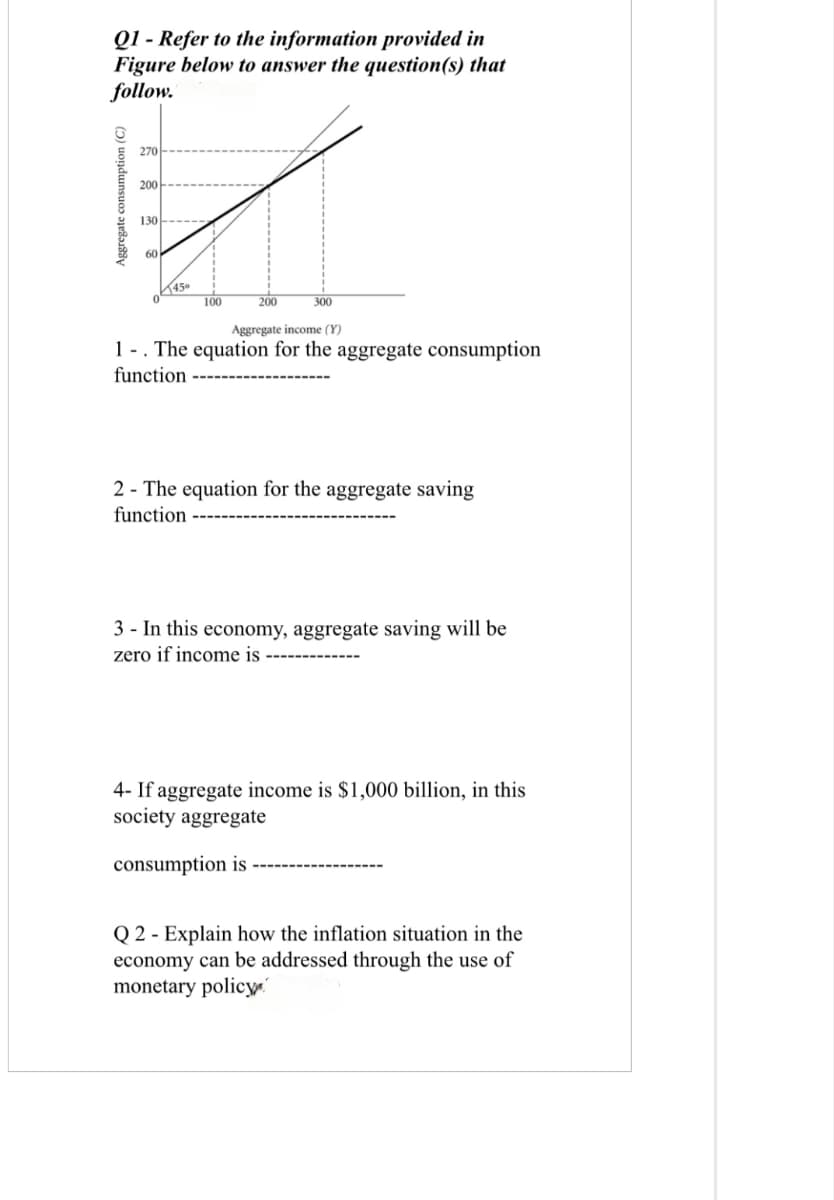 Q1 - Refer to the information provided in
Figure below to answer the question(s) that
follow.
Aggregate consumption (C)
270
200
130
60
45°
100
200
300
Aggregate income (Y)
1. The equation for the aggregate consumption
function
2 The equation for the aggregate saving
function
3- In this economy, aggregate saving will be
zero if income is
4- If aggregate income is $1,000 billion, in this
society aggregate
consumption is
Q2 Explain how the inflation situation in the
economy can be addressed through the use of
monetary policy